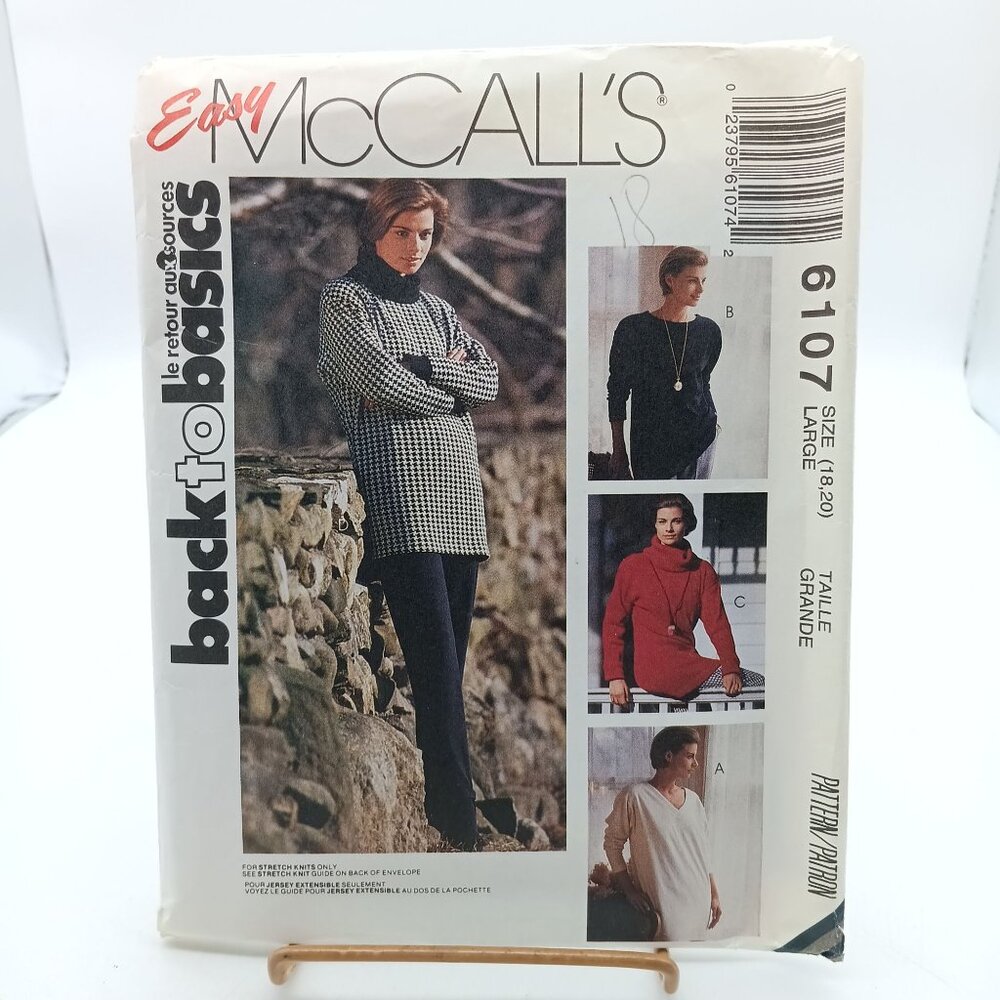 Vintage McCalls 6107 Back to Basics Sewing Pattern Misses Tunic Size L 1992